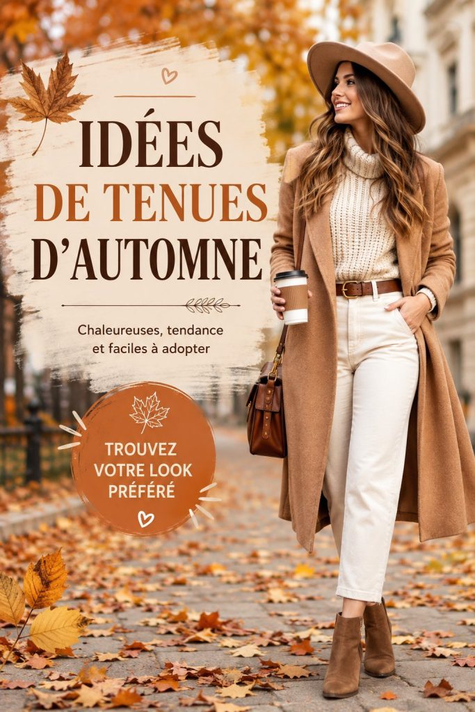 Composition de plusieurs tenues d'automne sur des cintres, mettant en valeur les couleurs chaudes et les textures.