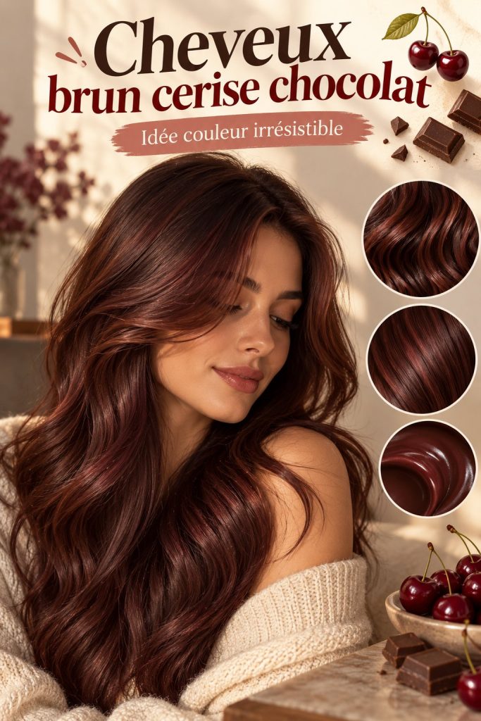 Femme souriante avec des cheveux châtaigne-cerise et une belle coiffure