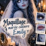 Maquillage de mariée inspiré par Emily, le cadavre exquis, avec des teintes sombres et un côté audacieux.
