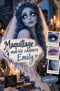 Maquillage de mariée inspiré par Emily, le cadavre exquis, avec des teintes sombres et un côté audacieux.