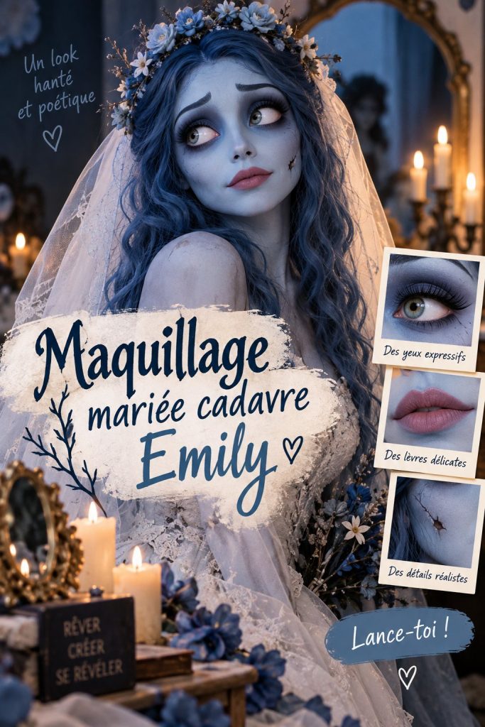 Maquillage de mariée inspiré par Emily, le cadavre exquis, avec des teintes sombres et un côté audacieux.