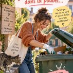 Une personne fouille dans une poubelle à la recherche de vêtements récupérables, portant une tenue décontractée et stylée.