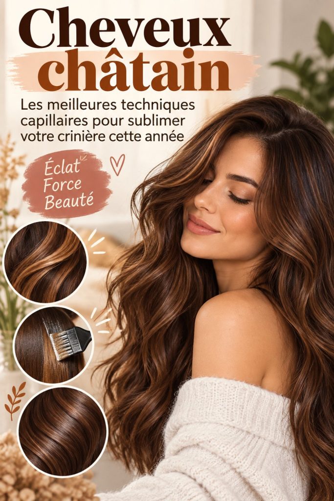 Femme avec des cheveux châtain brillant et coiffure élégante.