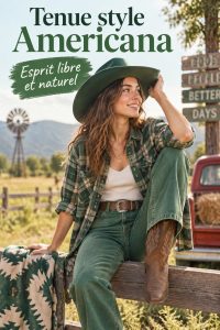 Modèle portant une tenue Americana verte en extérieur