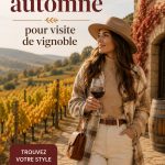 Femme avec une tenue automnale élégante lors d'une visite de vignoble, entourée de vignes.