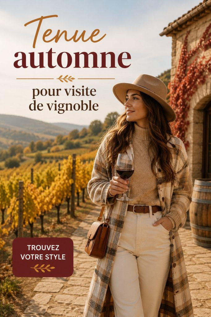 Femme avec une tenue automnale élégante lors d'une visite de vignoble, entourée de vignes.