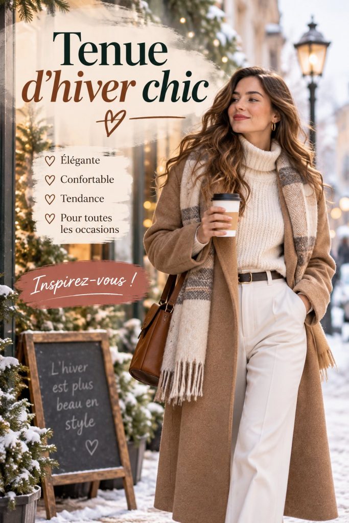 Modèle portant une tenue d'hiver chic avec un manteau élégant et une écharpe stylée.