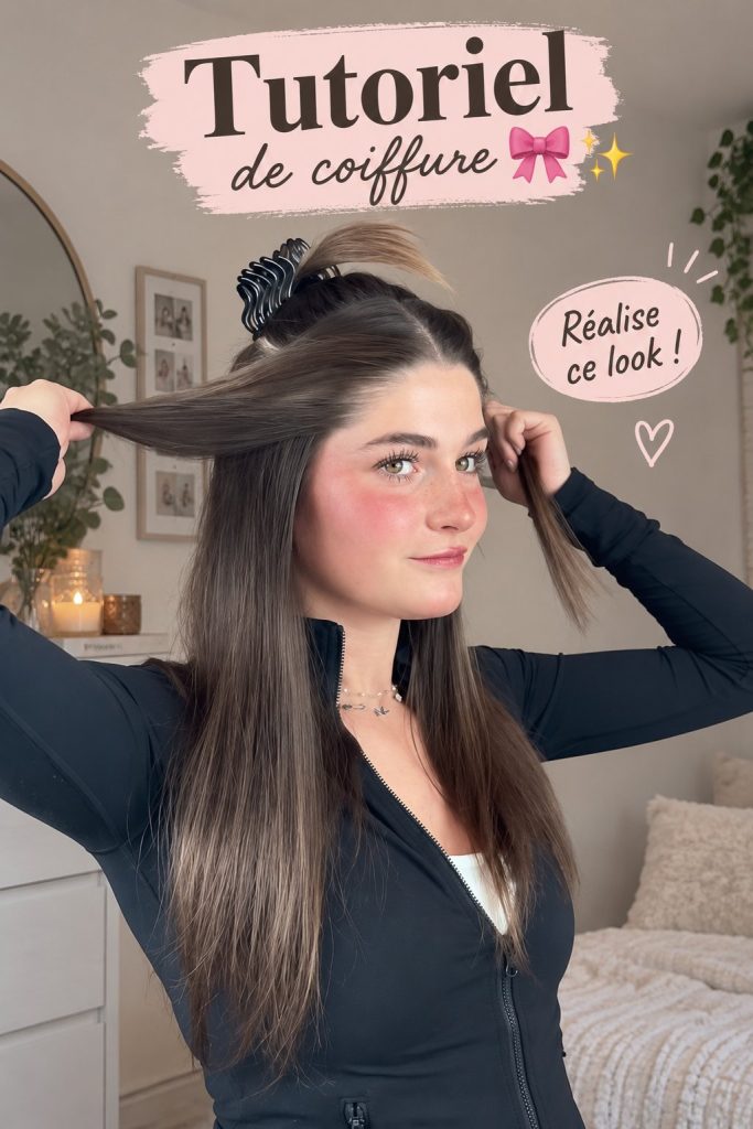 Femme avec une coiffure moderne et élégante réalisant un tutoriel de coiffure.