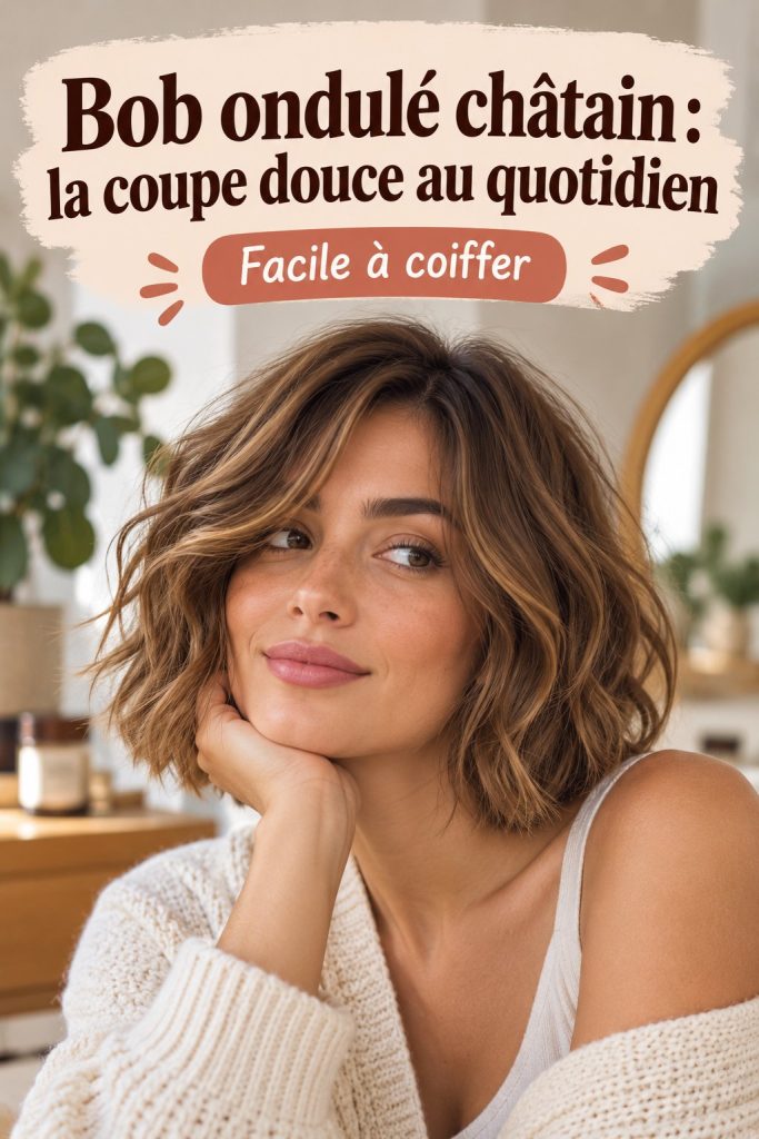 Modèle de bob châtain ondulé coiffé avec douceur et élégance.