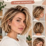 Modèle avec une coupe de bob court dégradé mettant en valeur des cheveux épais.