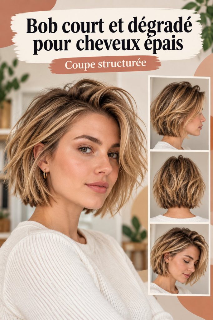 Modèle avec une coupe de bob court dégradé mettant en valeur des cheveux épais.