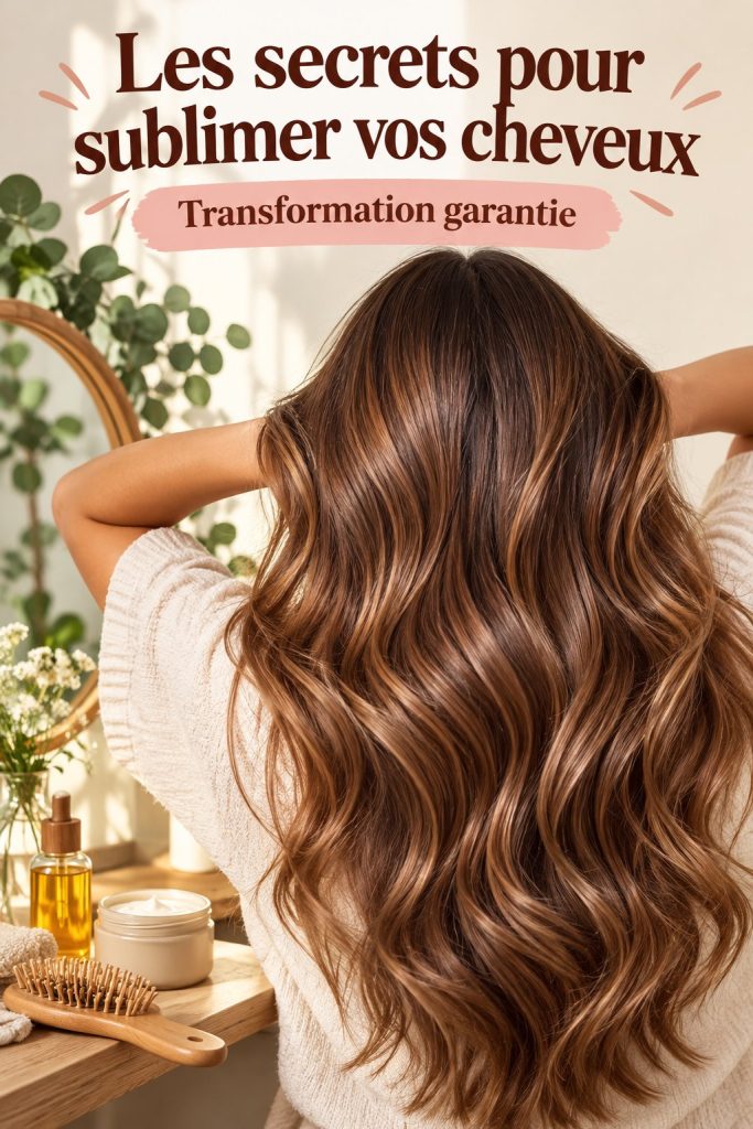 Femme avec une coiffure brillante et lumineuse, montrant l'effet d'un soin capillaire.