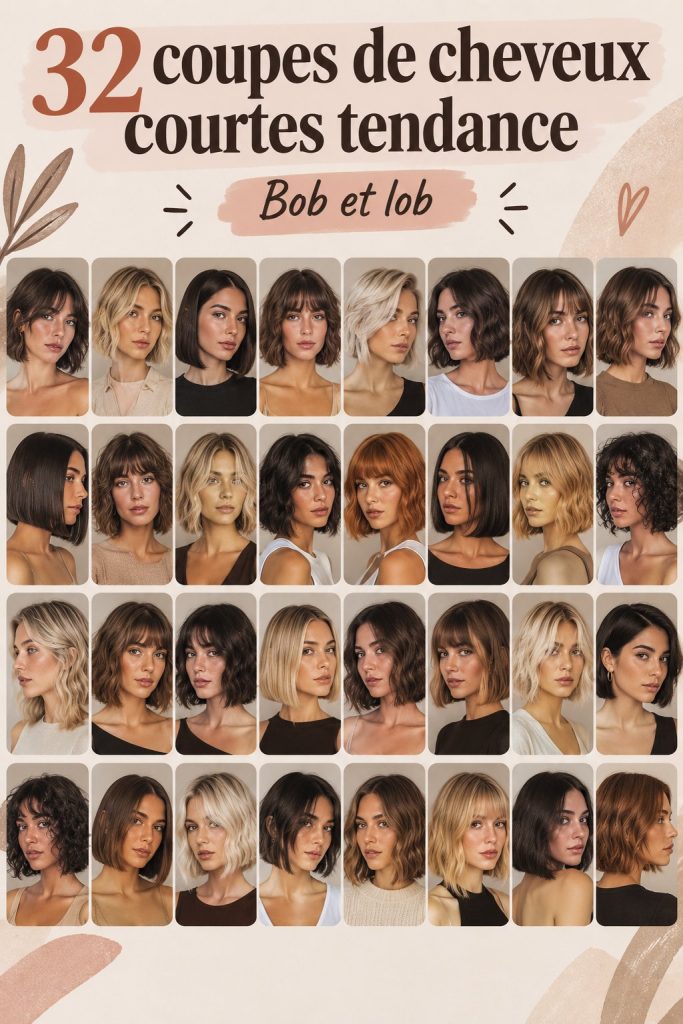 Photo mettant en valeur différentes coupes bob et lob sur des modèles stylés.