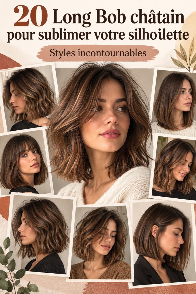 Un modèle avec un Long Bob châtain lumineux et élégant, mettant en valeur sa silhouette.